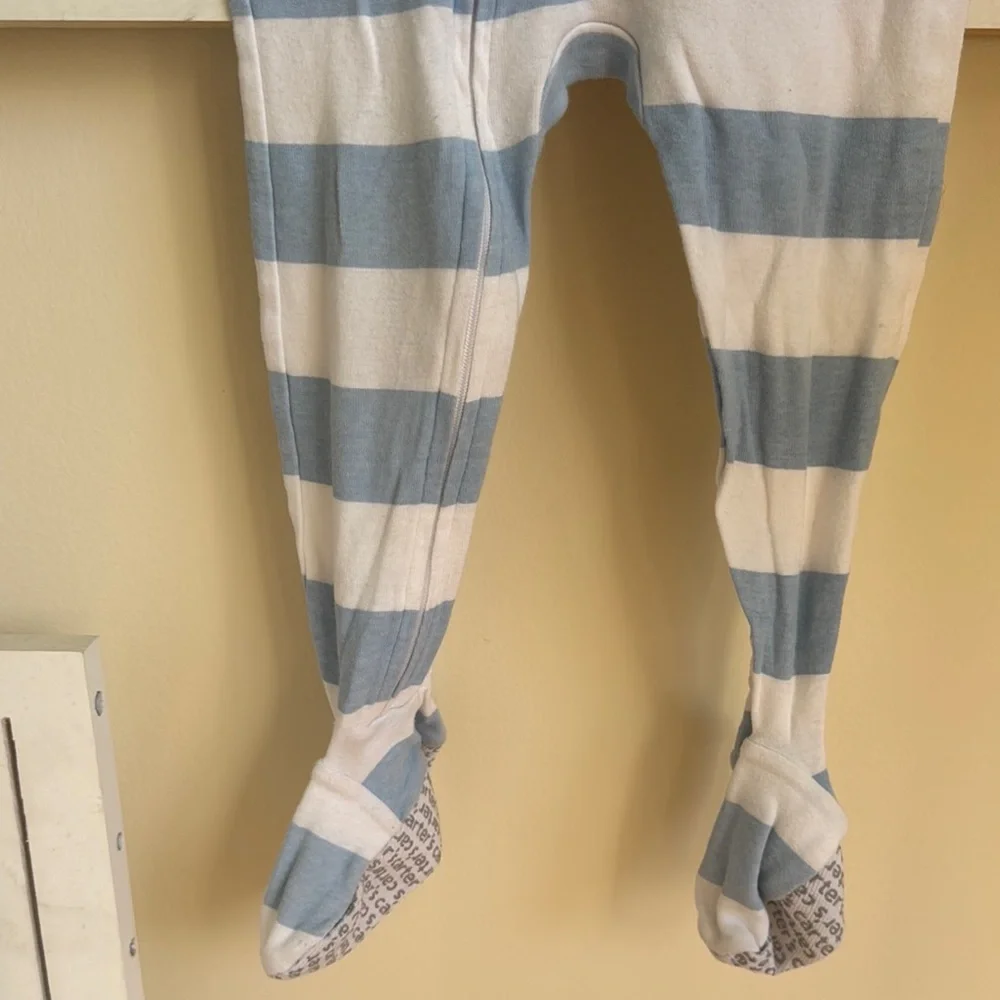 Carters Striped Blue and White Kids One Piece footie pajamas Dinosaur Patch - Picture 4 of 6